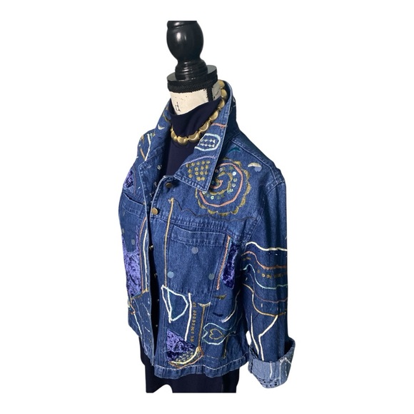 Boho Denim Trucker Jacket Womens XL Embellished Pockets Blue Jean Artsy Festival - Picture 6 of 11